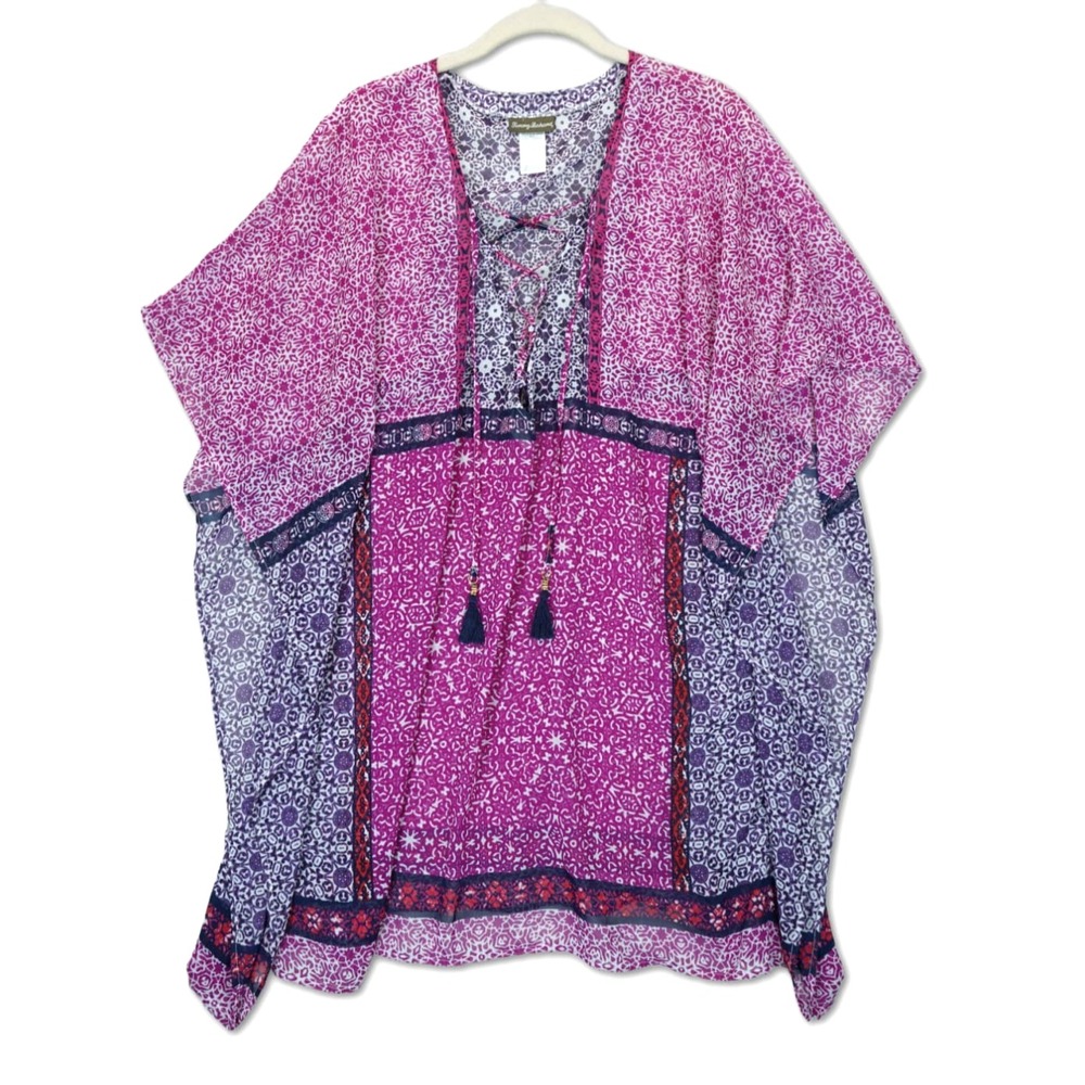Tommy Bahama Women L XL Geo Batik Tassel Tunic Top Swim CoverUp Beach Sheer